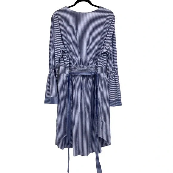A New Day Pin Stripe Belted Waist Flare Sleeve Wrap Top Dress 1X NEW - Picture 2 of 10